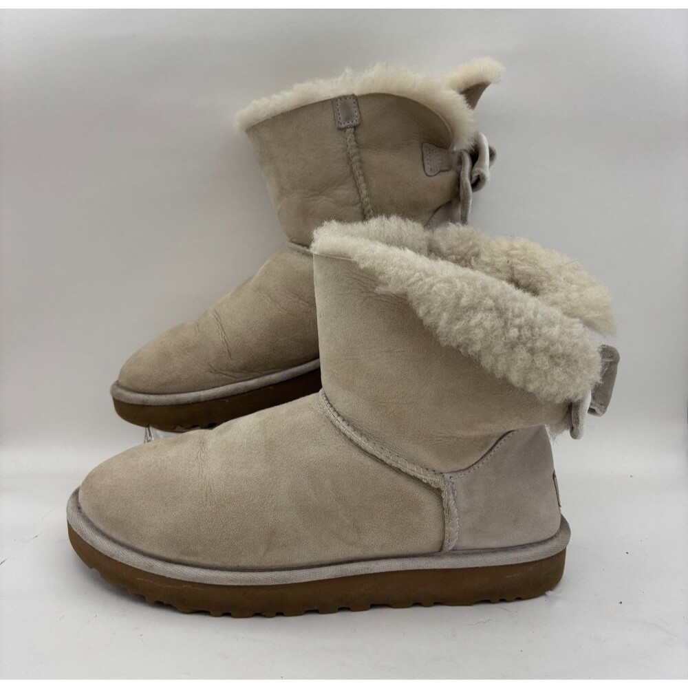 UGG Australia Womens Size 9 Gray Suede Sheepskin Mini Bow Ankle Boots